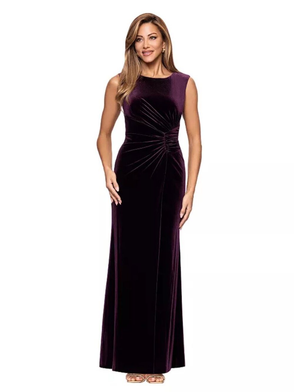 Women's X Evenings Long Velvet Rouched Side Dress, Color: Maroon, Size: 16